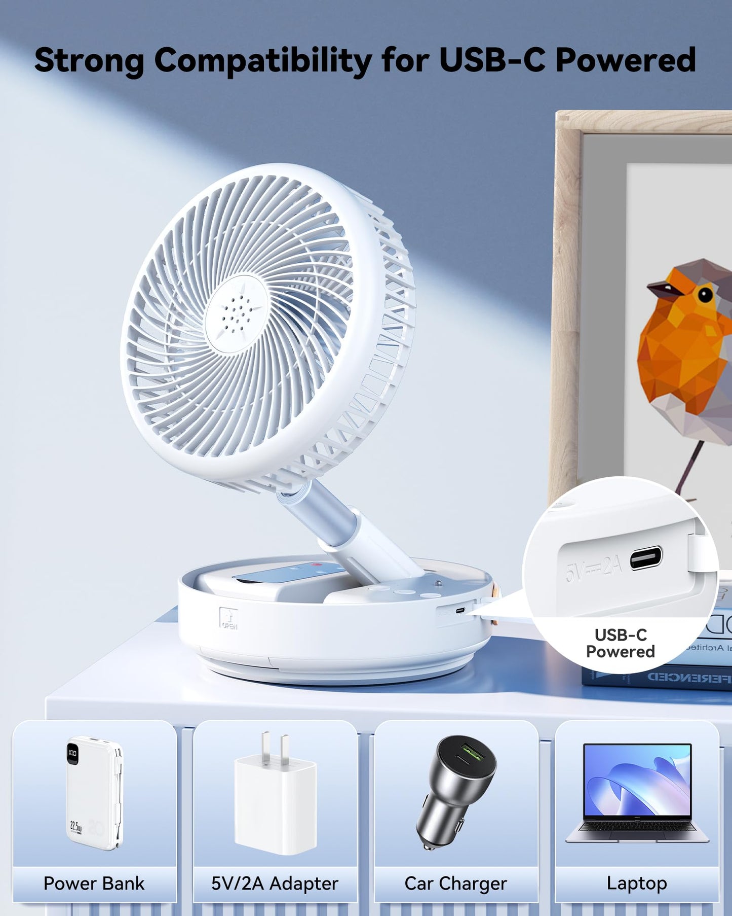 Primelove Portable Oscillating Travel Fan, 10400mAh Battery Operated Rechargeable USB Floor Table Desk Fan with Remote, 4 Speed Settings Pedestal Fan for Home Bedroom Office Camping, White,8"