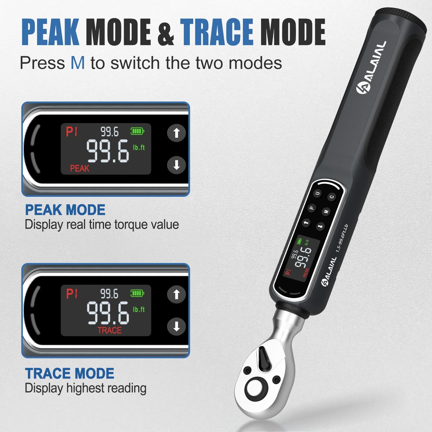 ALAIAL Digital Torque Wrench 3/8 Drive, 1.5-99.6Ft.Lb/2-135Nm Dual Direction Rachet Wrench with Vibration, Buzzer, LED Alert, Electronic Torque Wrench for Bicycle, Motorcycle, Car Tire, Mechanical