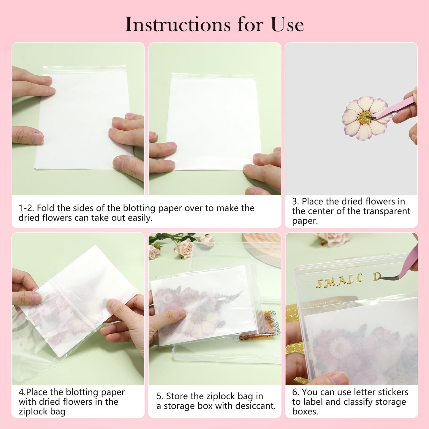 Aboofx 6 PCS Dried Flower Storage Set with Blotting Paper, Ziplock Bag and Desiccant, Flower Preservation Kit - Good Seal, High Capacity to Keep Flower Color and Dry