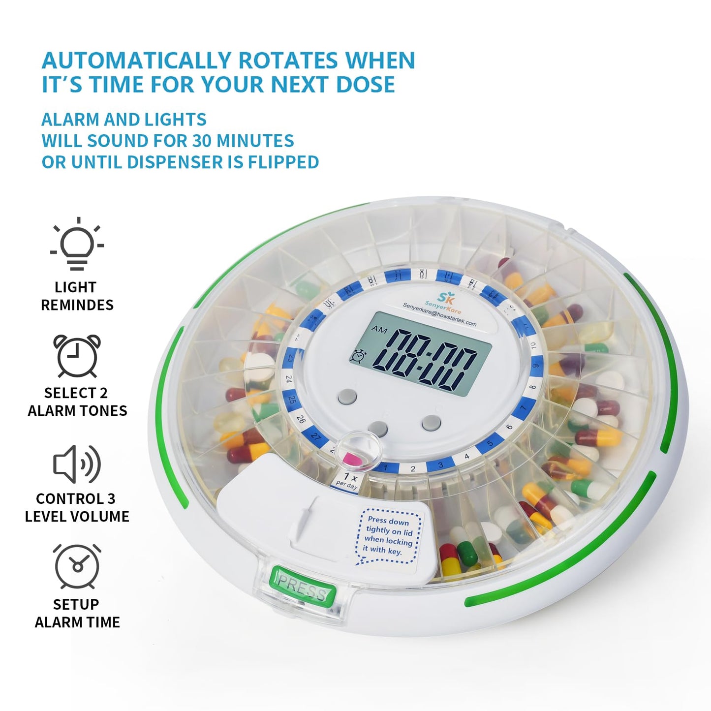 SenyerKare Automatic Pill Dispenser with Safety Lock, Flashing Light, Sound, Alarm, 28-Day Electronic Medication Dispenser for Vitamins and Tablets Up 6 Times/Day, Easy Read Display, Clear Lid