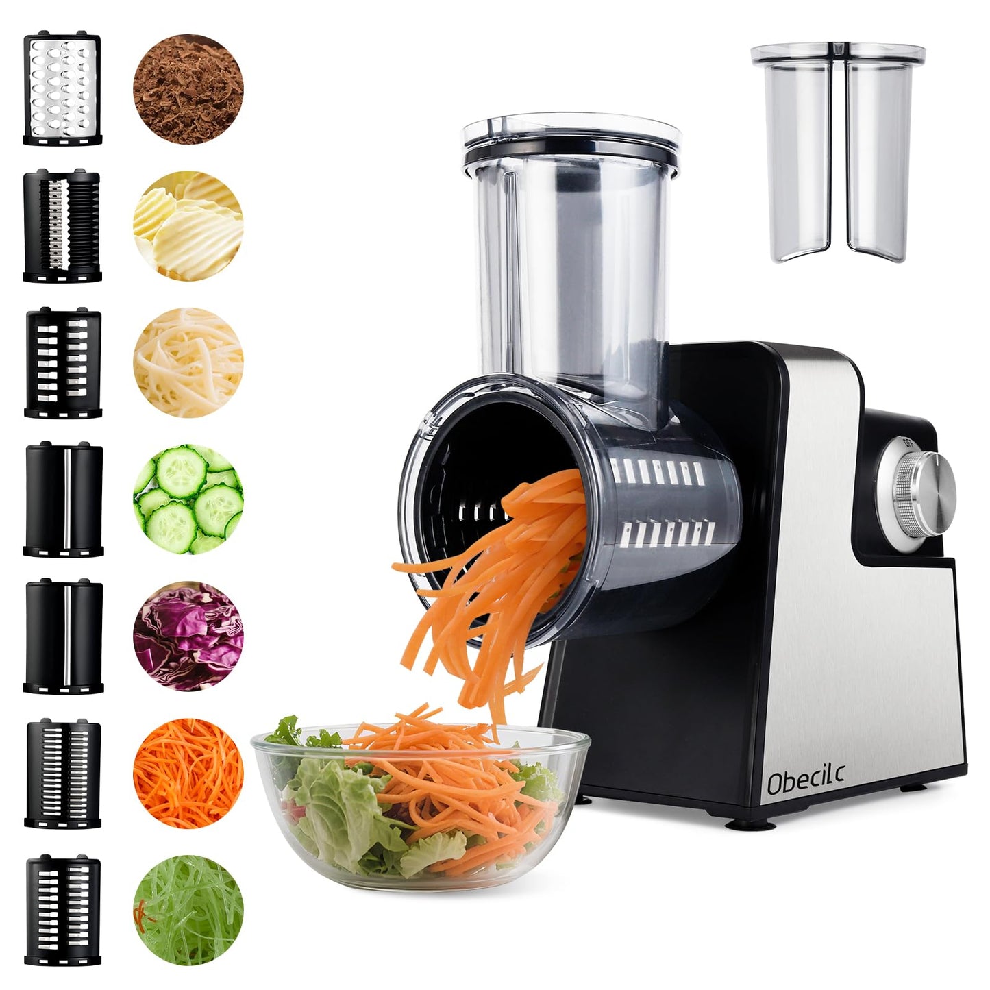 Upgraded 300W Electric Cheese Grater with 7 Stainless Steel Blades, Cheese Shredder Electric for Slicing, Shredding & Grinding Vegetables, Fruits and Nuts,Easy One-Touch Control