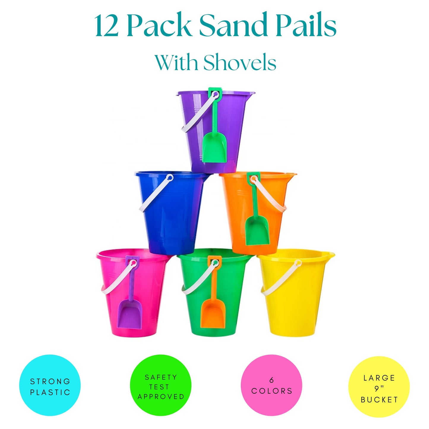 4E's Novelty 9" Large Sand Bucket with Shovel [12 Pack Bulk] Beach Buckets - Beach Toys for Kids & Toddlers, Party Favors Holders