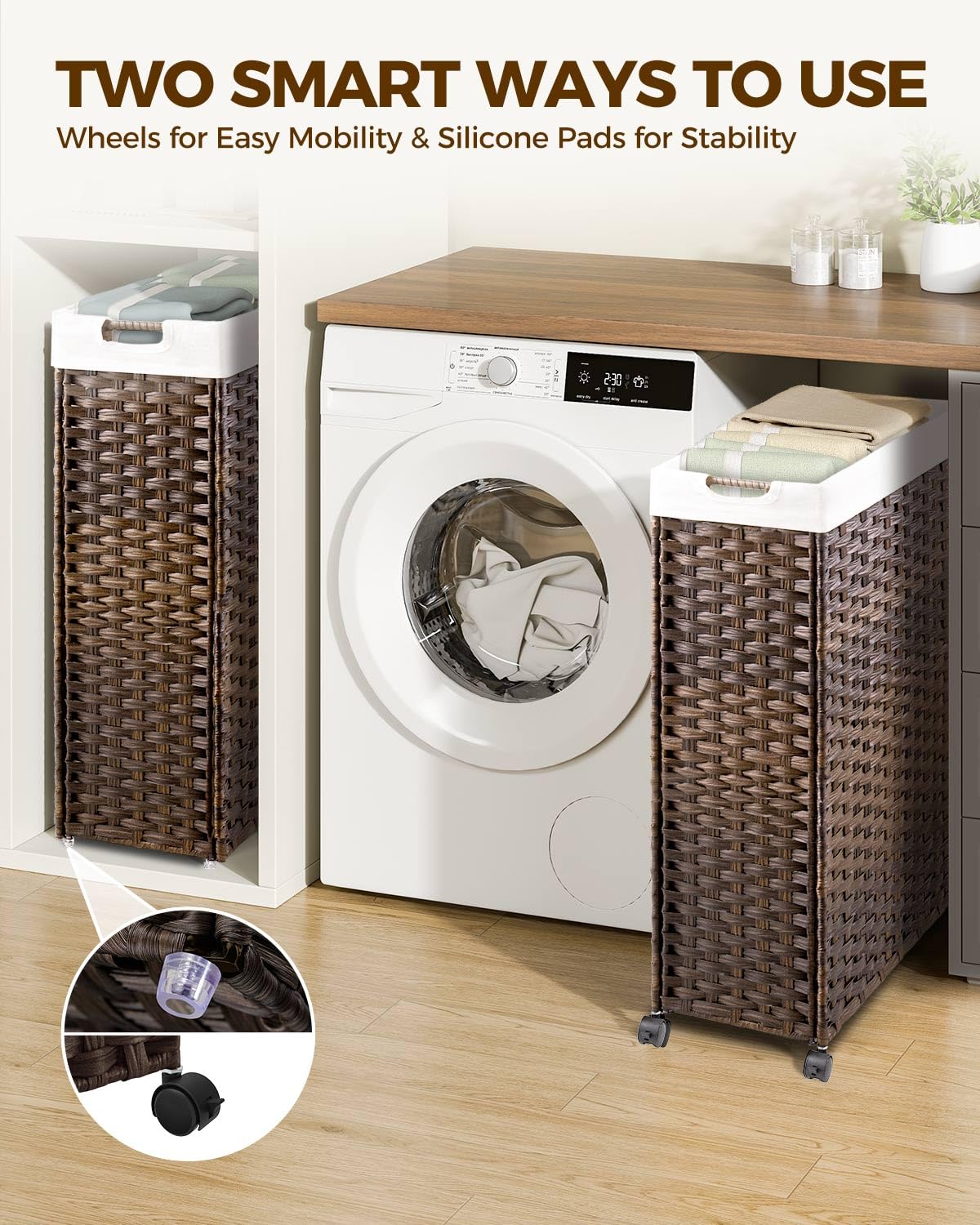 Greenstell Laundry Hamper with Wheels, 17.4 Gallon (66L) Slim Laundry Basket with 2 Removable Liner Bags & 2 Mesh Bags, Narrow Rattan Clothes Hamper for Bedroom, Laundry Room, Bathroom, Natural