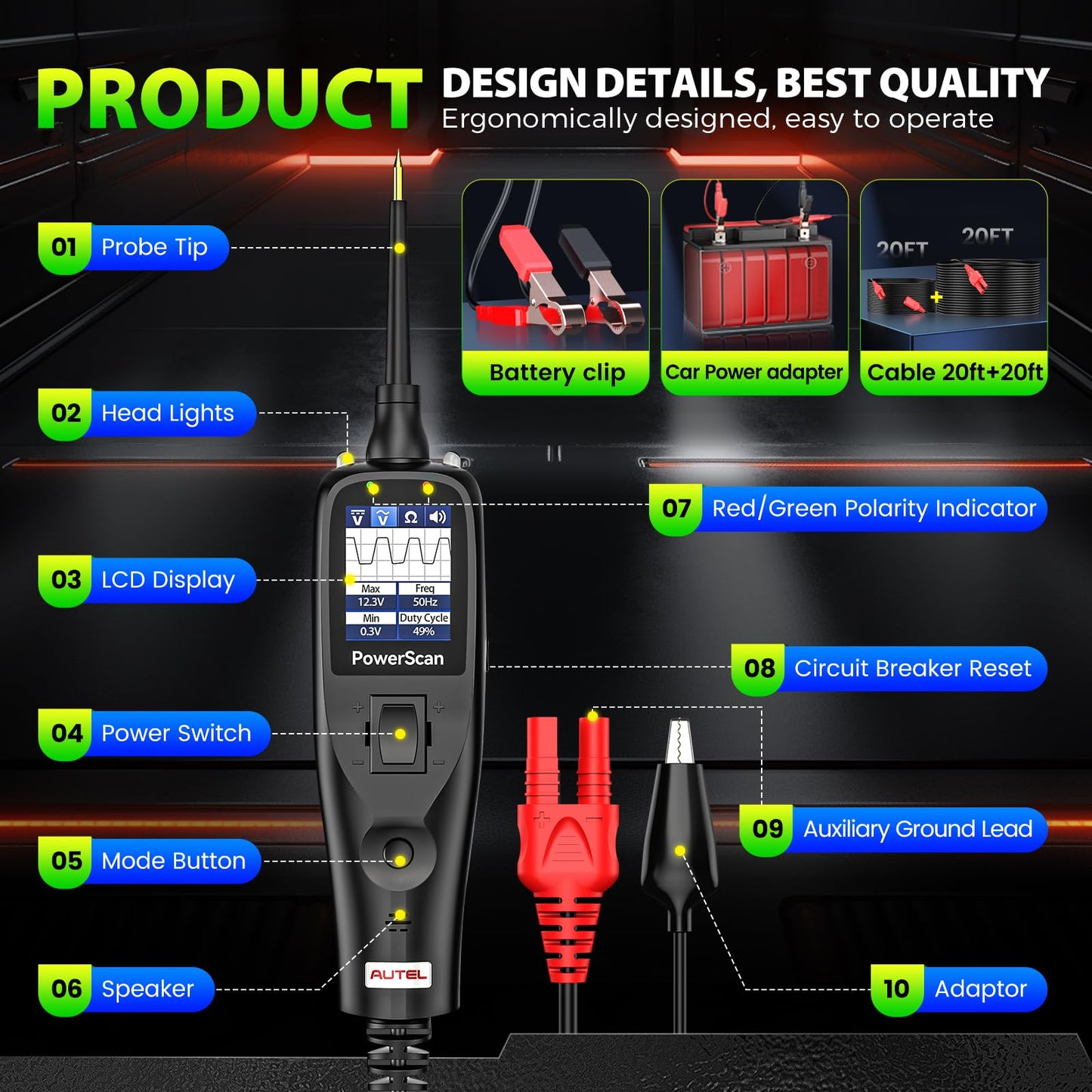 2026 Autel PowerScan PS100 Power Circuit Probe Tester, 12-24V Automotive Electrical Open/Short Breaker Finder, Component Activation Test Tool, AC/DC Trailer Relay Fuse Test, 40FT Cable, for 99% Cars