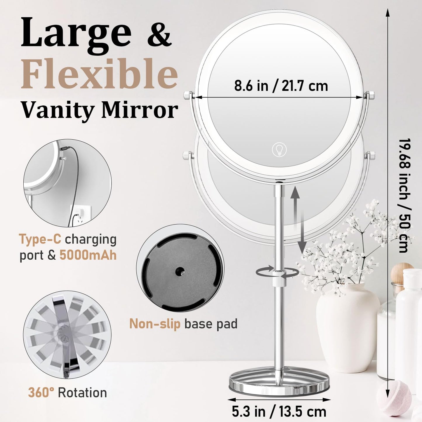 9in Vanity Mirror with Lights, Rechargeable 5000mAh Lighted Makeup Mirror, 1X/20X Double Sided Magnifying Mirror, 360° Rotate, 3 Color Lights, Up to 3800lux with 60 LEDs, Brightness Adjustable,Silvery