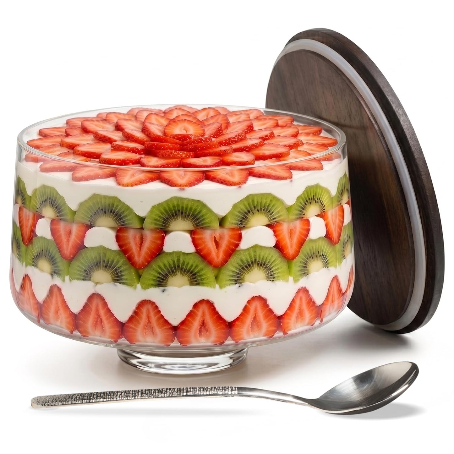 Large Trifle Bowl with Lid Set, 4.8Q (155oz) - Silver Serving Spoon & Acacia Wood Lid - Decorative Glass Mixing Bowl, Trifle Glass With Pedestal - Serving Bowl for Layered Desserts, Fruits, Salads,