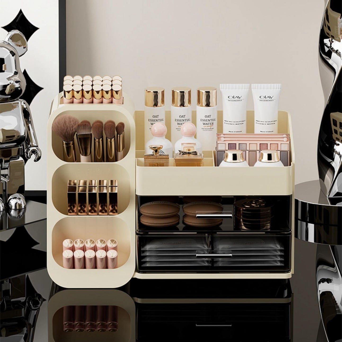 KQJS Makeup Organizer with Drawers,Large Capacity Countertop Organizer for Vanity,Bathroom and Bedroom Desk Cosmetics Organizer,Easy To Storage Skincare,Brushes, Eyeshadow, Lotions, Lipstick (Cream)