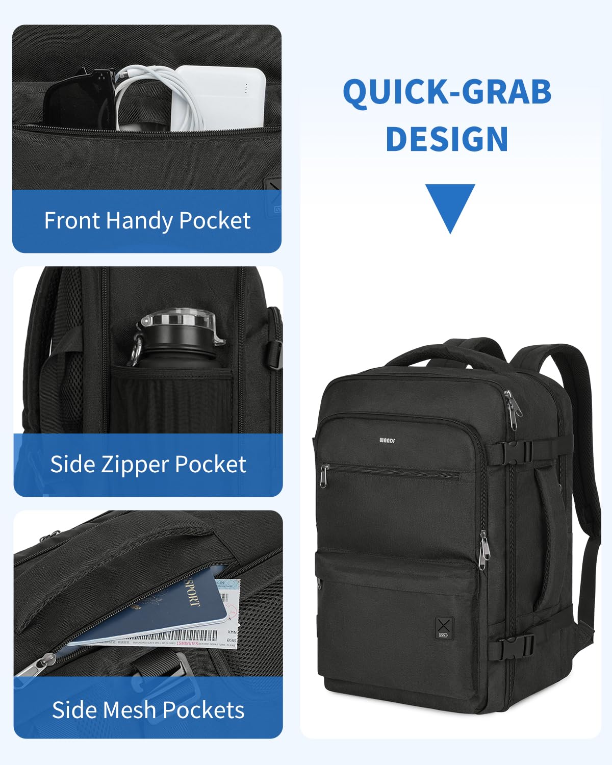 WANDF Travel Backpack For Spirit Airlines Personal Item Bag 18x14x8 with Wet Pocket, 17 Inch Laptop Backpack for Men Women（Black）
