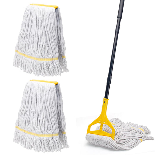 Commercial Mop with 3 Extra Large Replacement Heads,59" Long Handle Heavy Duty Industrial Mops for Floor Cleaning,Looped-End String Wet Cotton Mop for Home,Kitchen,Office,Garage,Concrete/Tile Floor
