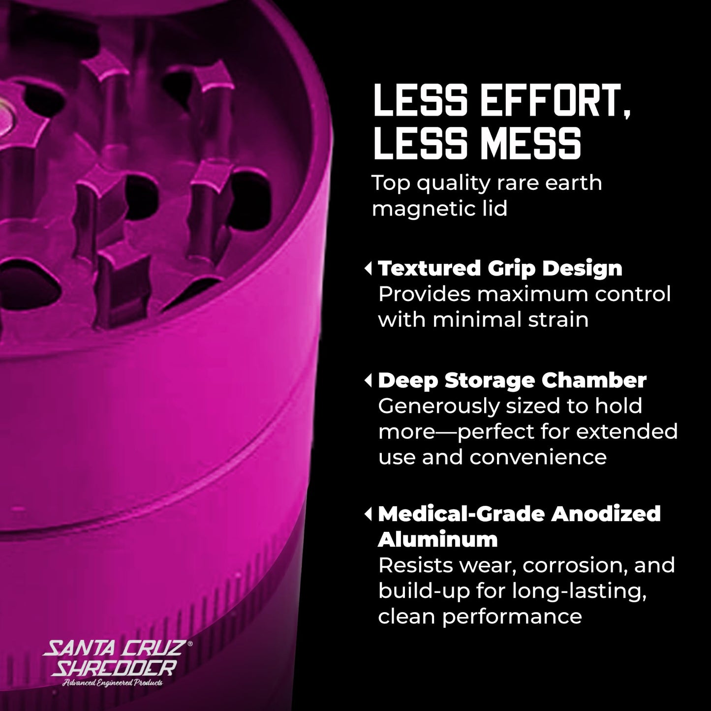 Santa Cruz Shredder Metal Spice Grinder Knurled Top for Stronger Grip 3-Piece Medium 2.2" (Pink)