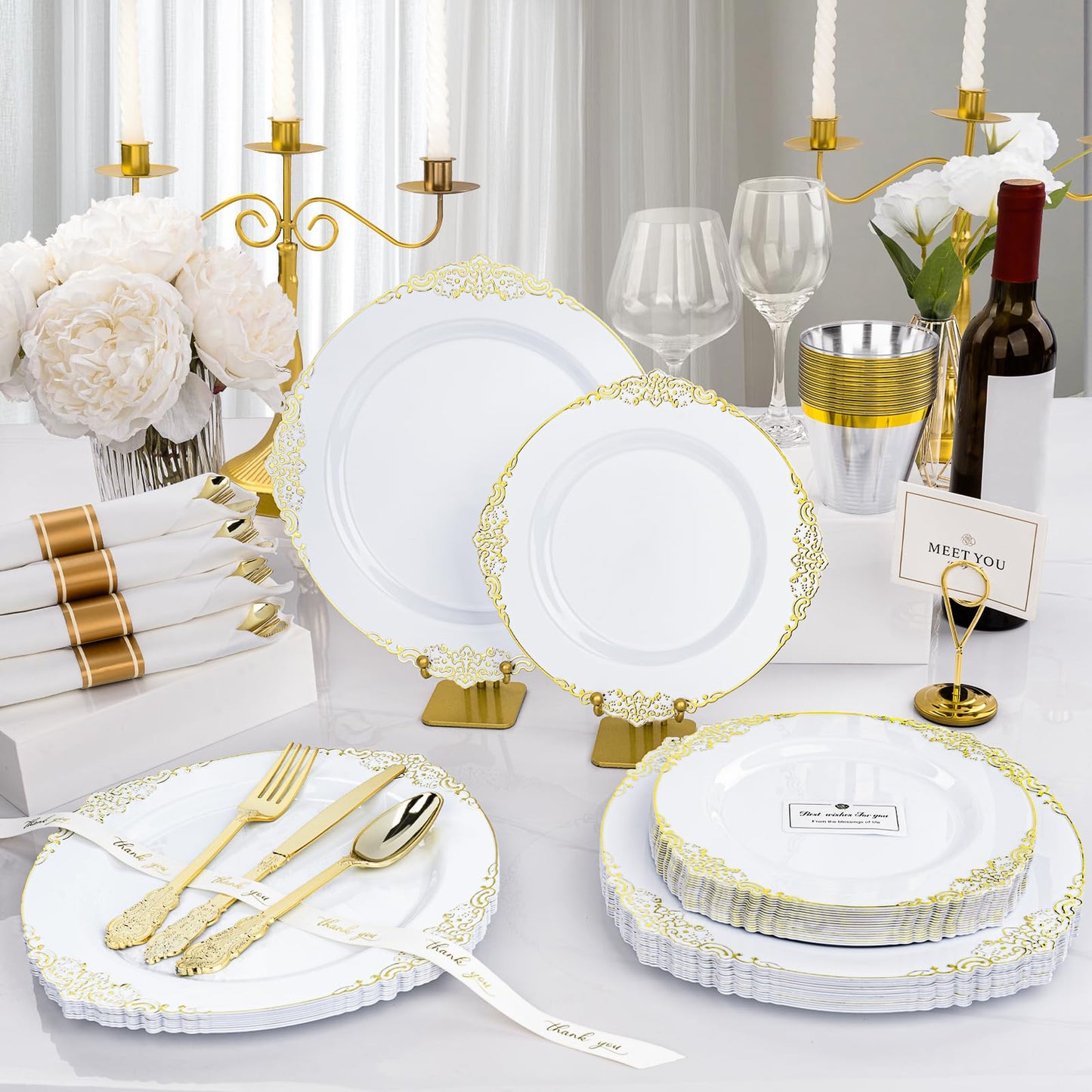 Realluck 350 PCS White and Gold Plastic Plates, Plastic Dinnerware Set for 50 Guests, 100 Disposable Plates, 150 Silverwares, 50 Cups, 50 Napkins for Party, Wedding, Graduation