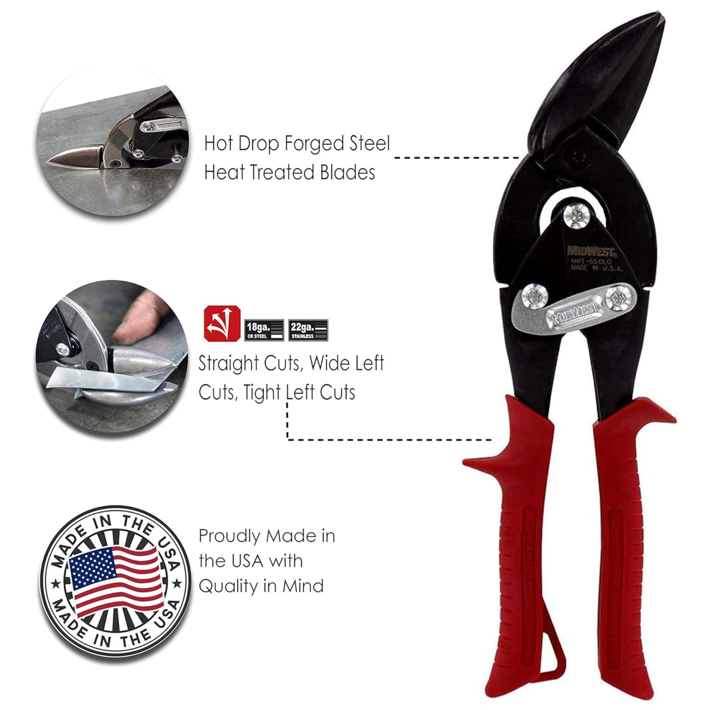 MIDWEST Blackout Series Aviation Snip - Left Cut Offset Tinner Shears, Made in the USA - MWT-6510LO