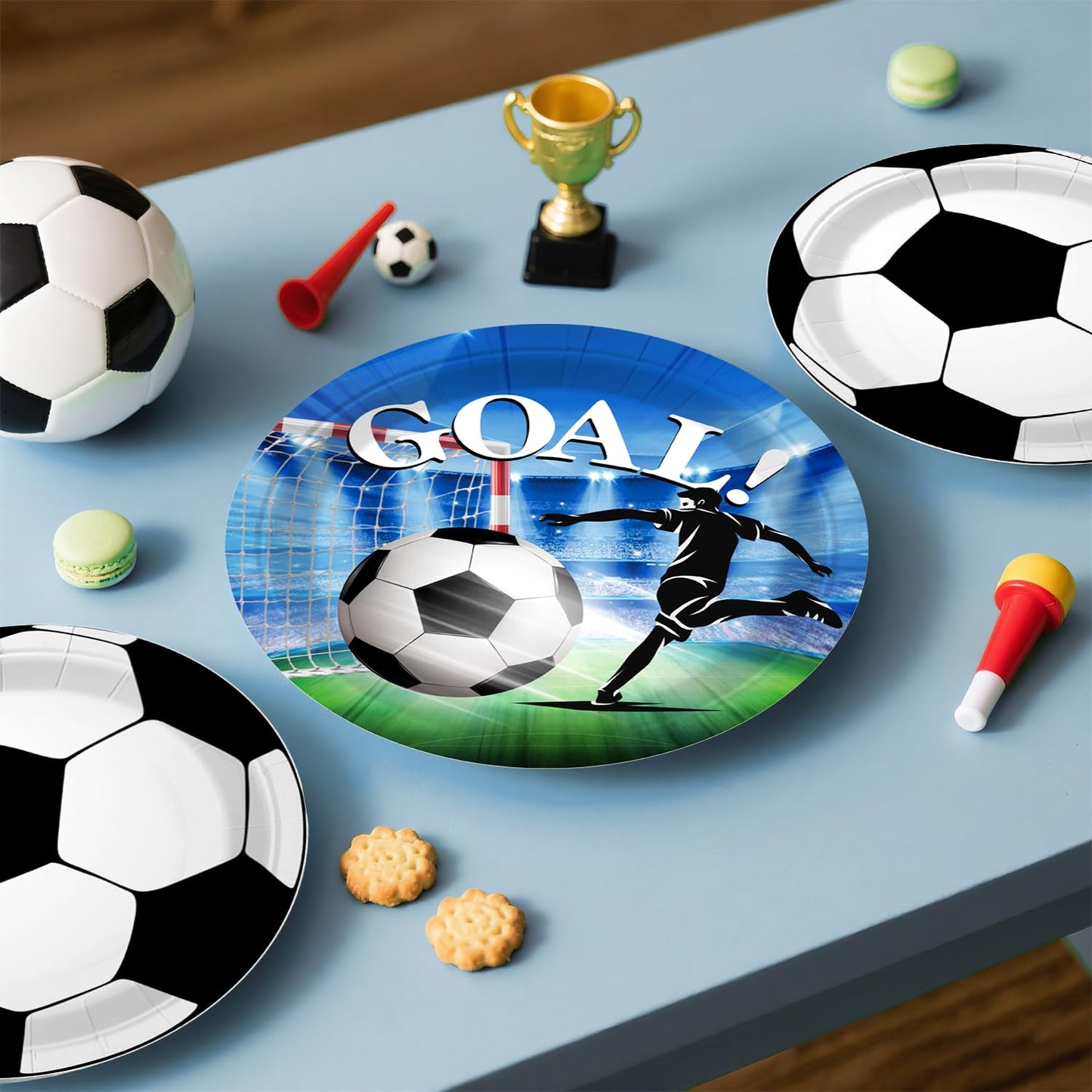Soccer Birthday Party Decorations, All-in-1 Supplies Pack, Includes Plates and Napkins, Backdrop, Tablecloth, Balloon Kit for Blue Soccer Theme Party Decorations