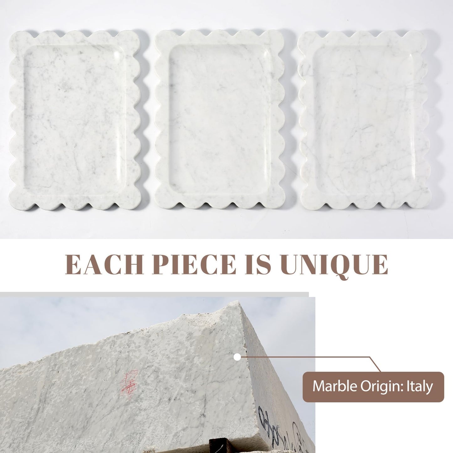 Koville Scalloped Marble Tray, 11"x8" Marble Vanity Tray for Countertop Bathroom Kitchen Dresser, Natural Stone Tray for Jewelry Perfume Home Decor, Decorative Catchall Trays(Bianco Carrara)