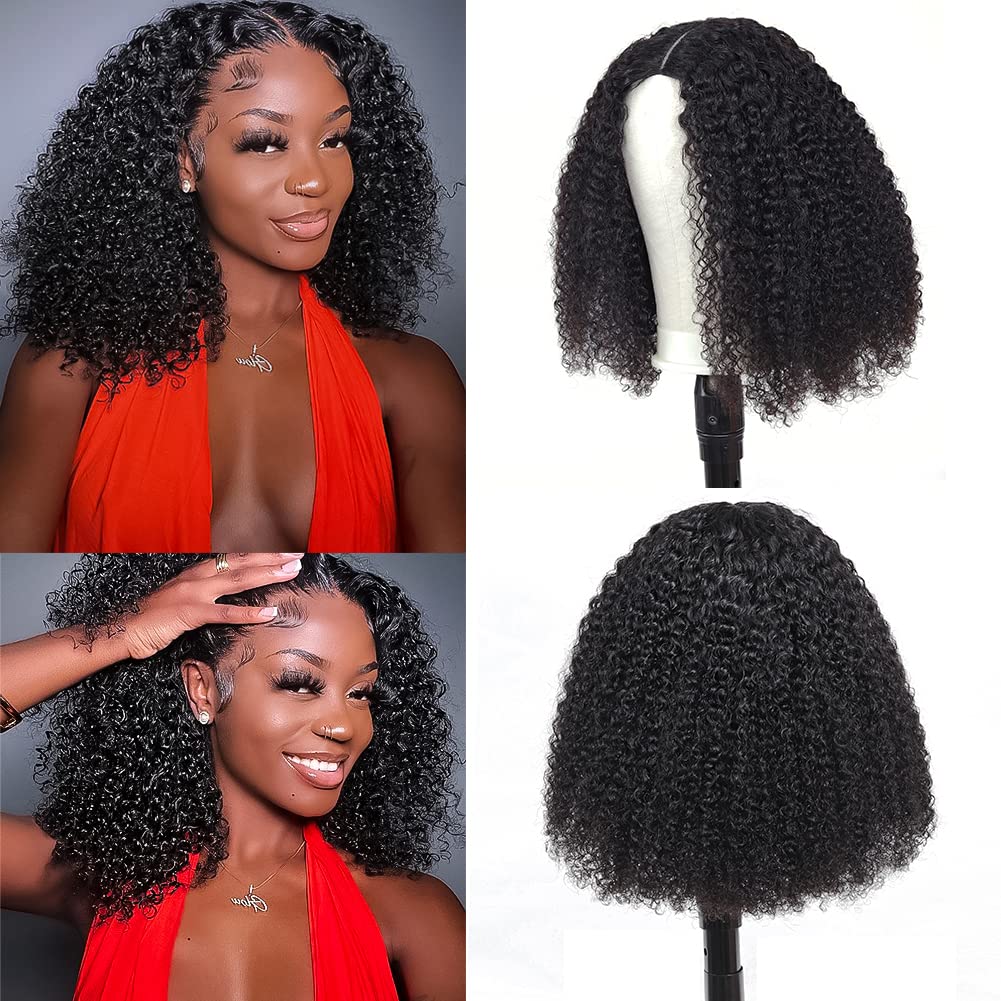 RAGMZZE v part wig human hair kinky curly upgrade u part glueless wigs human hair pre plucked pre cut for black women 180% density 4x4x1 inch middle net clip in half wig natural black 14 inch