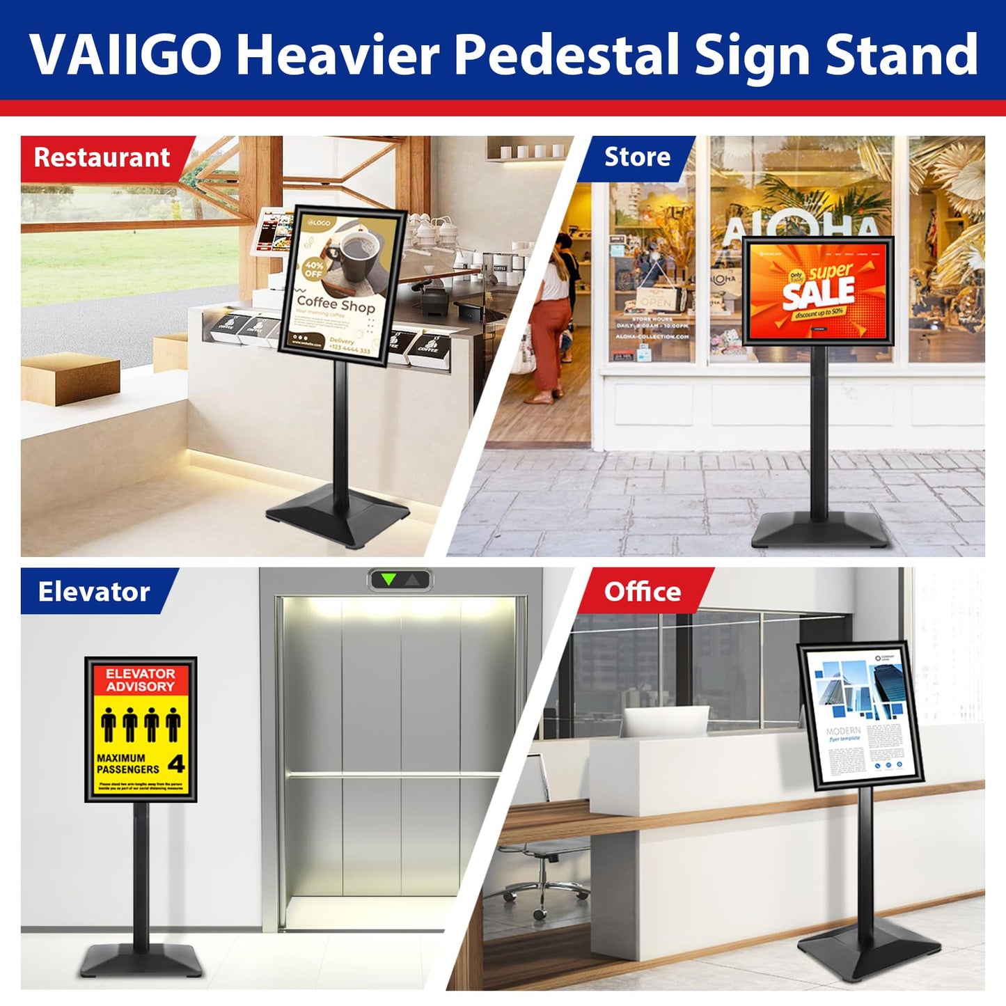VAIIGO Pedestal Sign holder Stand 11x17inch Adjustable Standing Floor Sign Stand with Heavy Base & Snap Frame Display Stand for Indoor Outdoor Business Store Sign Holder Poster Stand (Black)