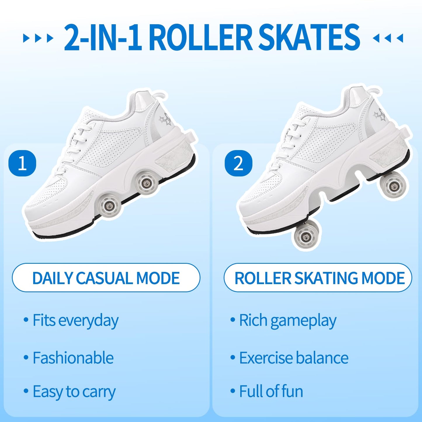 2-in-1 Roller Skates Double-Row Deform Wheel Roller Skating Automatic Walking Shoes Fitness Kick Roller (by, 11 Women/10 Men)
