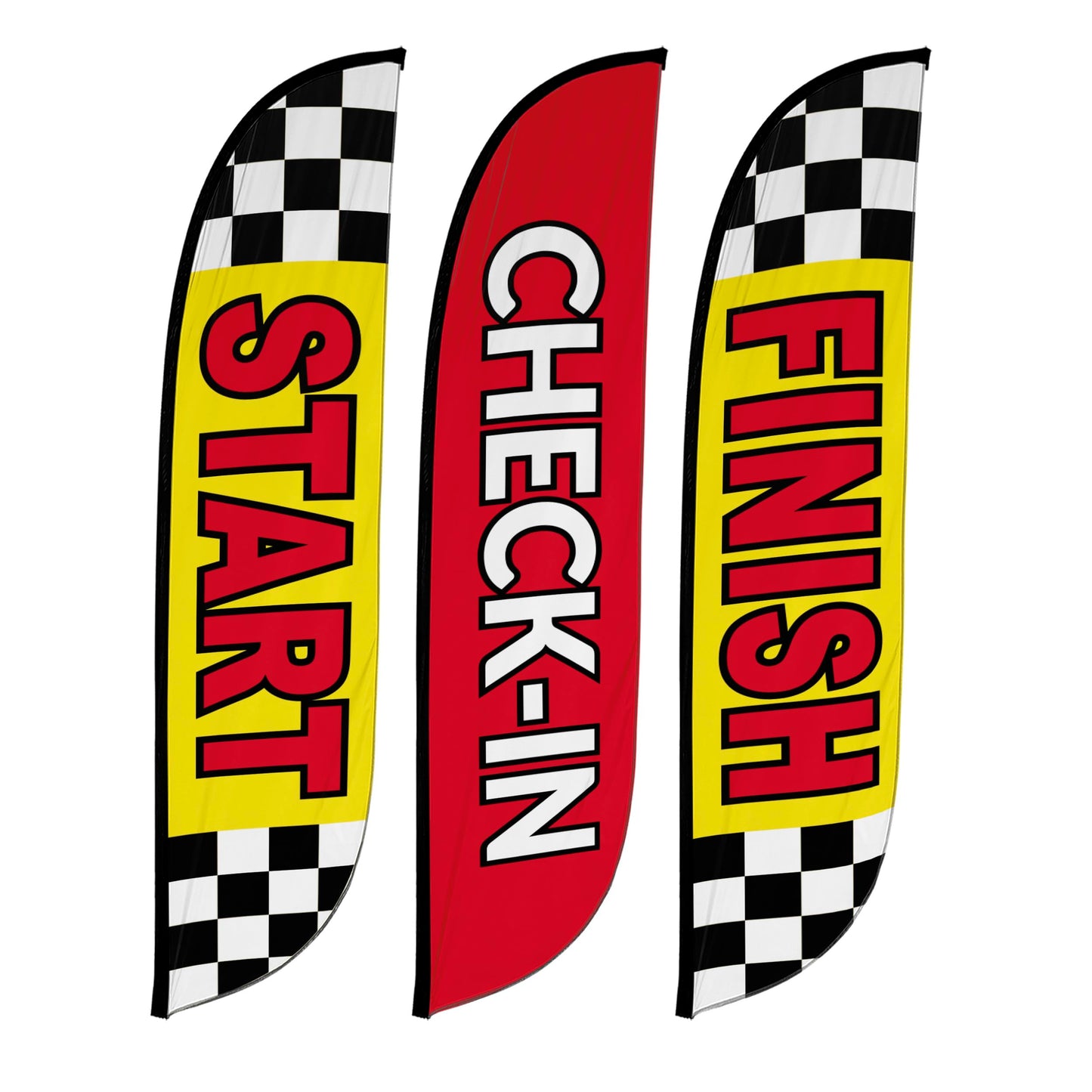 LookOurWay Marathon Event Race Themed Feather Flag Bundle 3-Pack - 12 Feet Tall Advertising Flag Banner for Race Events Promotion - Swooper Flag Attachments Only, No Poles (Start, Finish, Check-In)