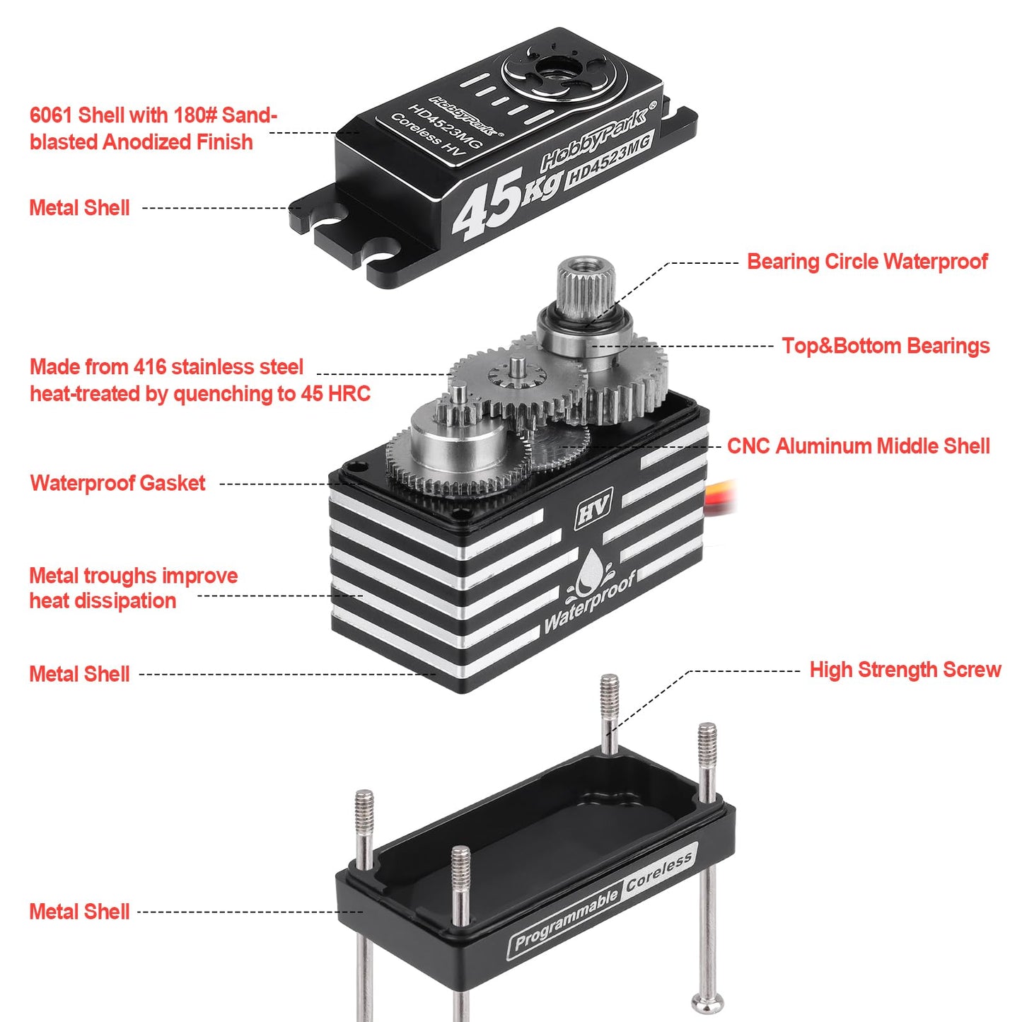HobbyPark Waterproof 45KG Servo Coreless Motor 8.4V HV Servo High Torque Servo Full Metal Gear RC Servo Programmable for 1/8 1/10 RC Crawlers RC Trucks RC Cars Buggy Robotic Control Angle 180° 2BB