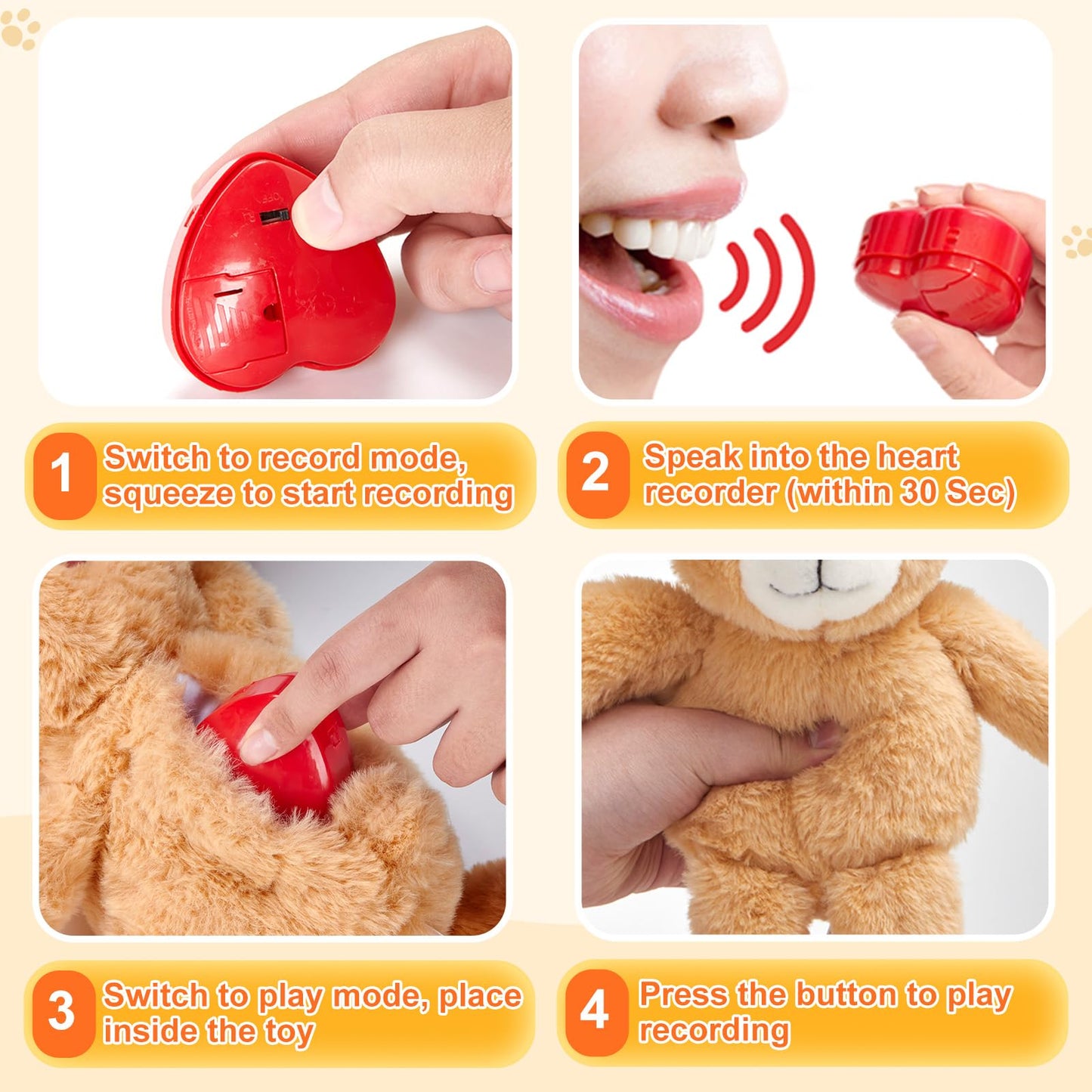 CozyWorld 30.5CM Heartbeat Teddy Bear Voice Recorder Plush Toy Stuffed Animal Soft Fuzzy Doll Gifts Messages Playback for Kids Birthday Children's Day