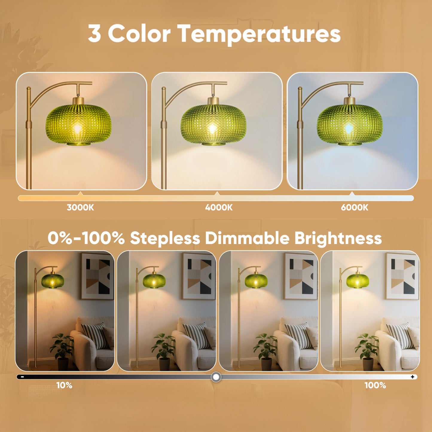 Duoled Modern Floor Lamp for Living Room, Mid Century Tall Standing Lamp Green Glass Lamp Shade, Dimmable Gold Tall Pole Lamp for Bedroom Office with Remote, 1 x 12W LED Edison Bulbs Included