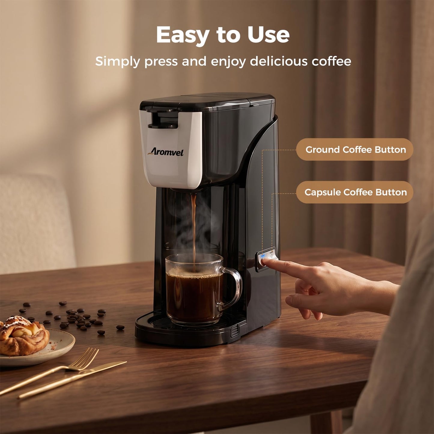 Aromvel 2-in-1 Single Serve Coffee Maker for K Cup Pods & Ground Coffee, 6 to 14 oz Brew Sizes, Compact Small Brewer with Dual Buttons, Adjustable Drip Tray for Travel Mugs, Silver