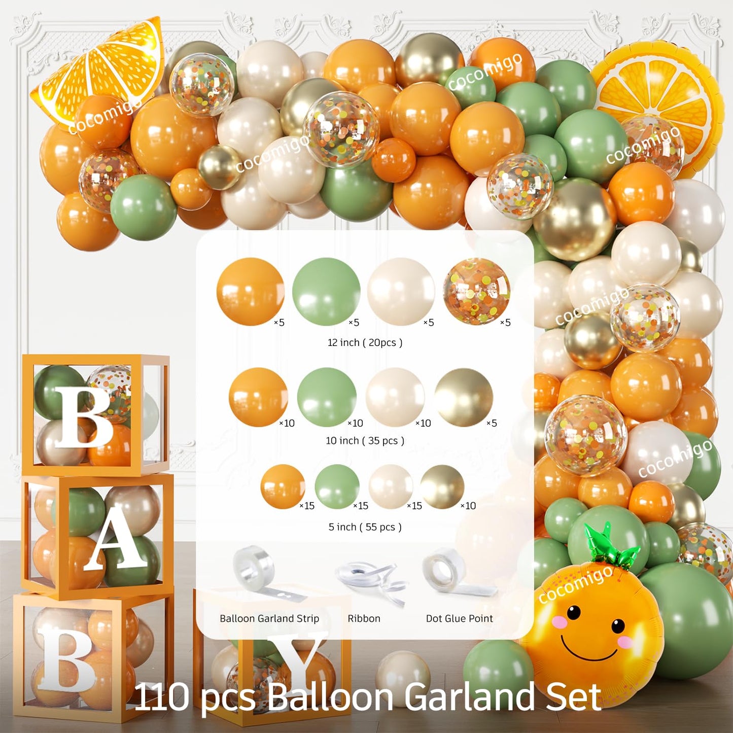 Fexivo 279 PCS A Little Cutie Is On The Way Decorations, All-in-One Orange Baby Shower Party Pack With Balloon, Backdrop, Plates and Napkins, for Little Cutie Baby Shower, Service 25