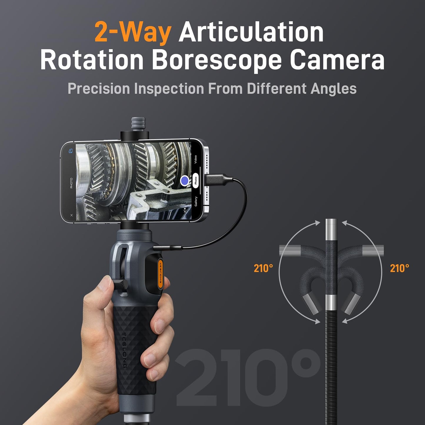 Teslong Two-Way Articulating Borescope with Light, USB-C Endoscope Inspection Camera with 5FT Semi-Rigid Probe, Flexible Snake Scope for Home Repair, Automotive, Compatible with iPhone 15/16 & Android