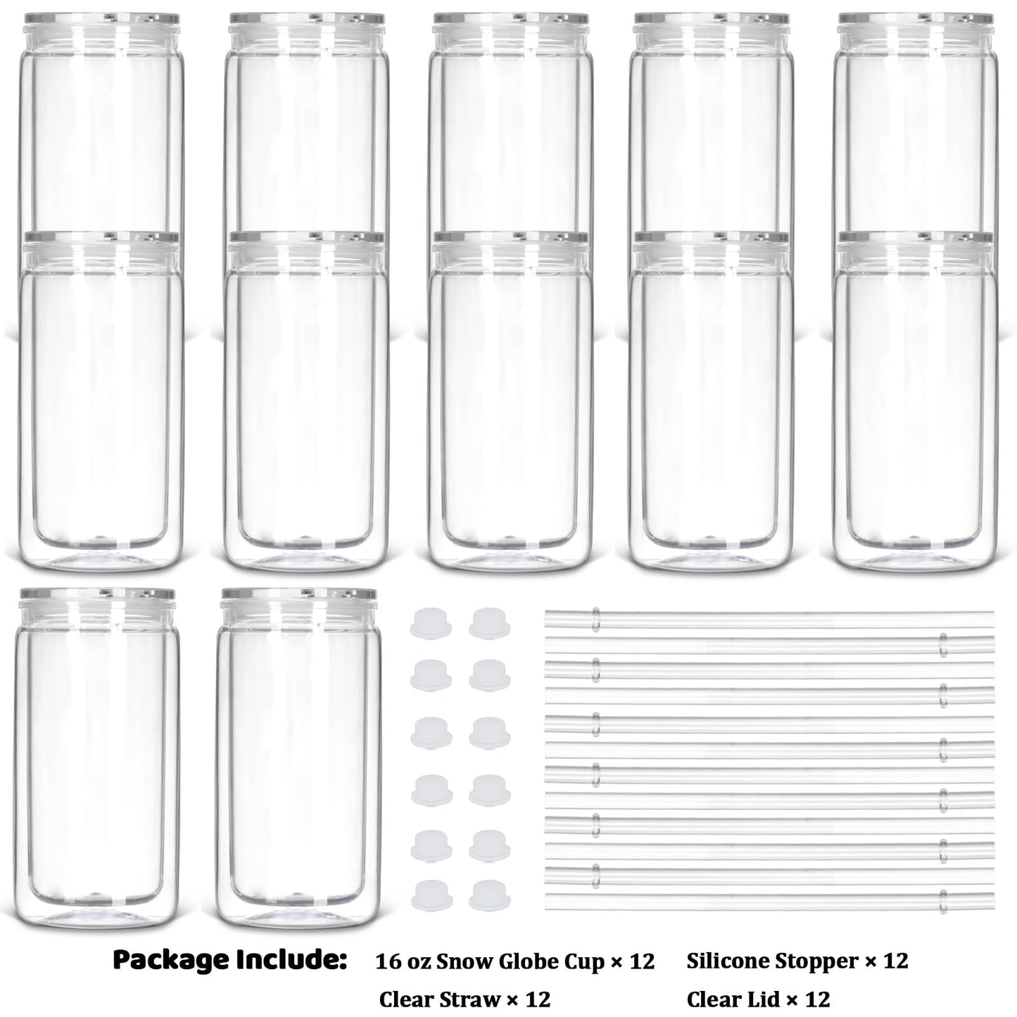 Tswofia 12 Pack Snow Globe Tumbler with Pre Drilled Hole, 16 Oz Double Wall Plastic Can with Lid and Straw, Plastic Mason Jar Mug for Snow Globe Glitter DIY Gift (Clear)