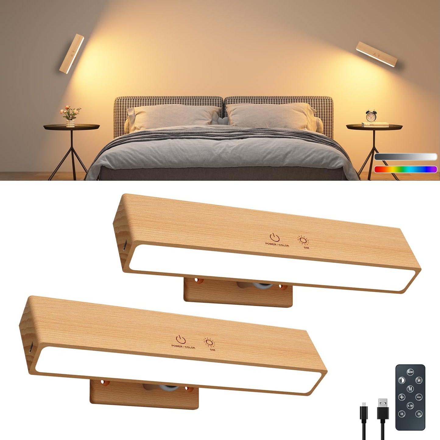 Rechargeable Wood Wall Lights (2 Pack) with Remote & Touch, 5200mAh Battery Operated Wall Sconce with 3 Color Temperatures & RGB. Magnetic, Stick-On, Dimmable Wall Reading Lamp for Bedroom, Picture