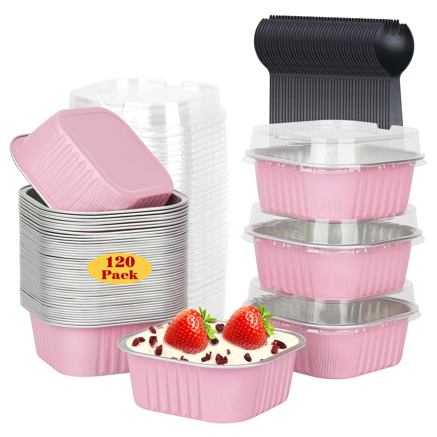 LNYZQUS 120pack/10oz Mini Cake Foil Pans with Lids, 4”x4” Large Cupcake Pan Disposable Ramekins,Small Brownie Baking Cups Square Muffin Tin Cheesecake Containers Holders-Pink