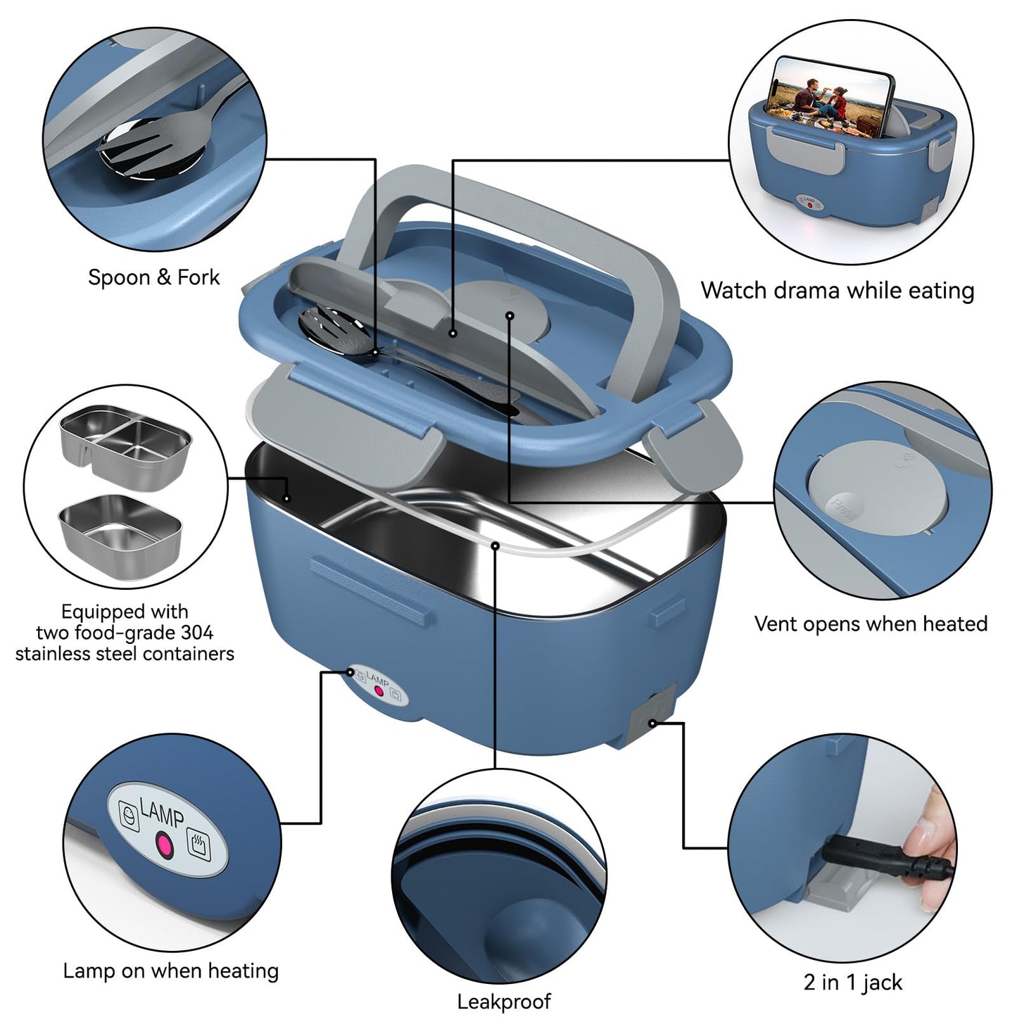 Sitlais Electric Lunch Box for Adults - Fast Heating Portable Food Warmer with 2 of 53oz 304 Stainless Steel Containers 12V/24V/110V Heated Lunch Box for Men&Women Work Office Truck Travel lonchera