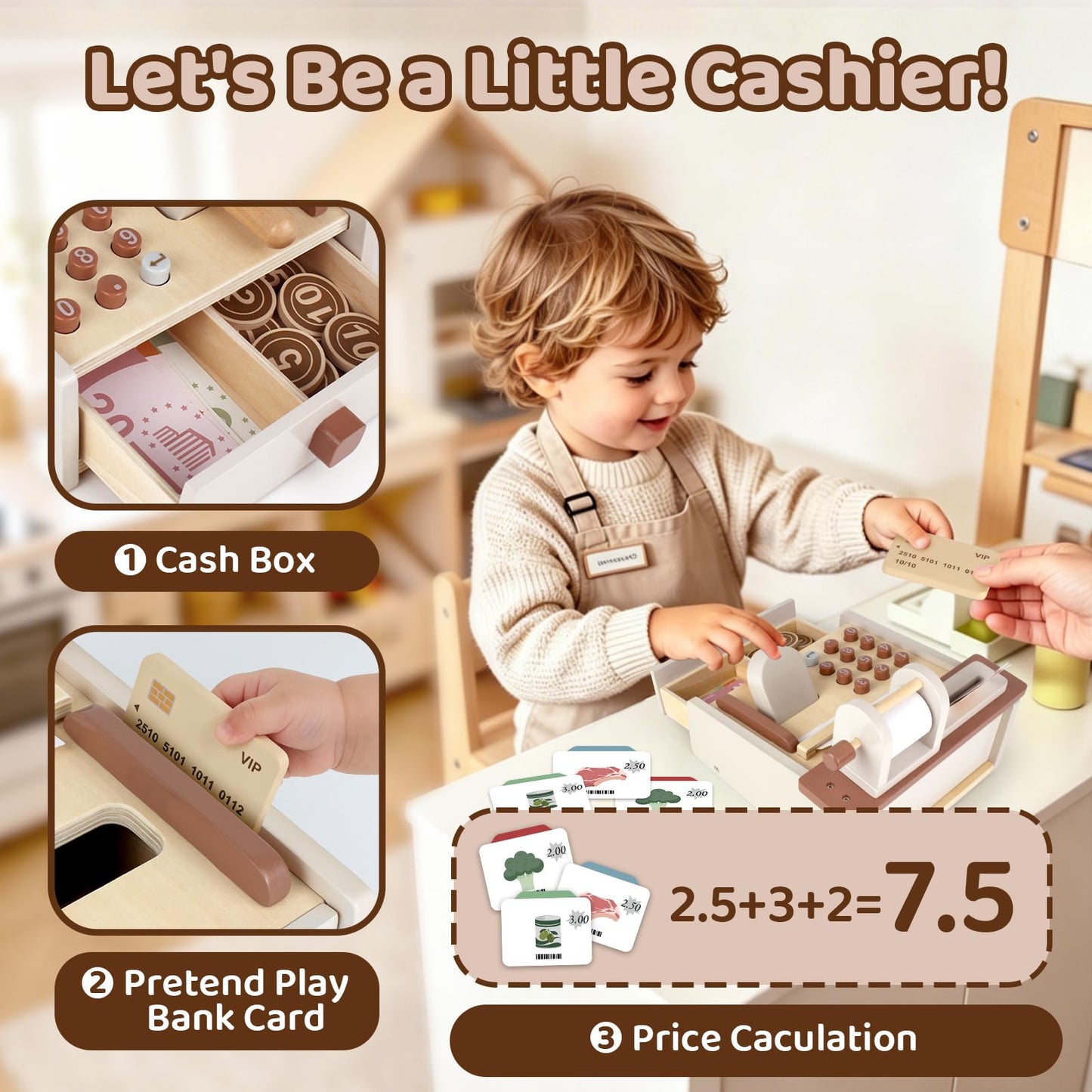 Cash Register Toy for Kids Play Money Birthday Gift for Toddler 3 4 5 Year Old Girls Boys with Scanner Pretend Play Toddler Toys Store Educational Preschool Toys with Wooden Coins Prop Money