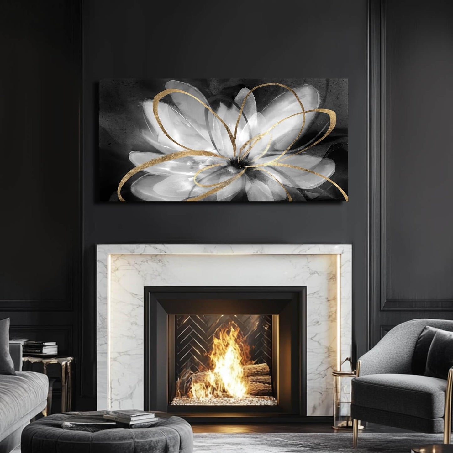 SOUGUAN Room Decor Floral Wall Art 24"x48" botanical Painting Black Art for Living Room Kitchen Dining Room Home Office