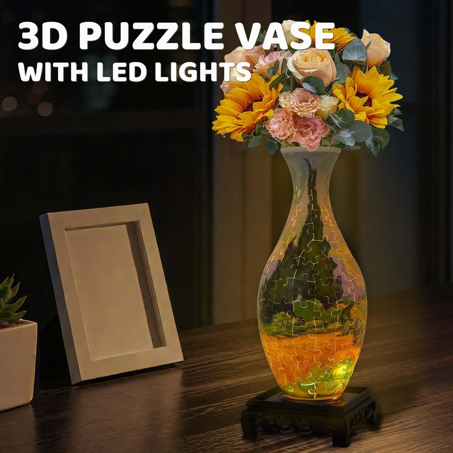 3D Puzzles Vase for Adults,Birthday Gifts for Women,160 PCS DIY Unique Flower Vase Puzzle with LED Light,House Warming Gift Flower Arrangements and Home Decoration (Wheat Field)