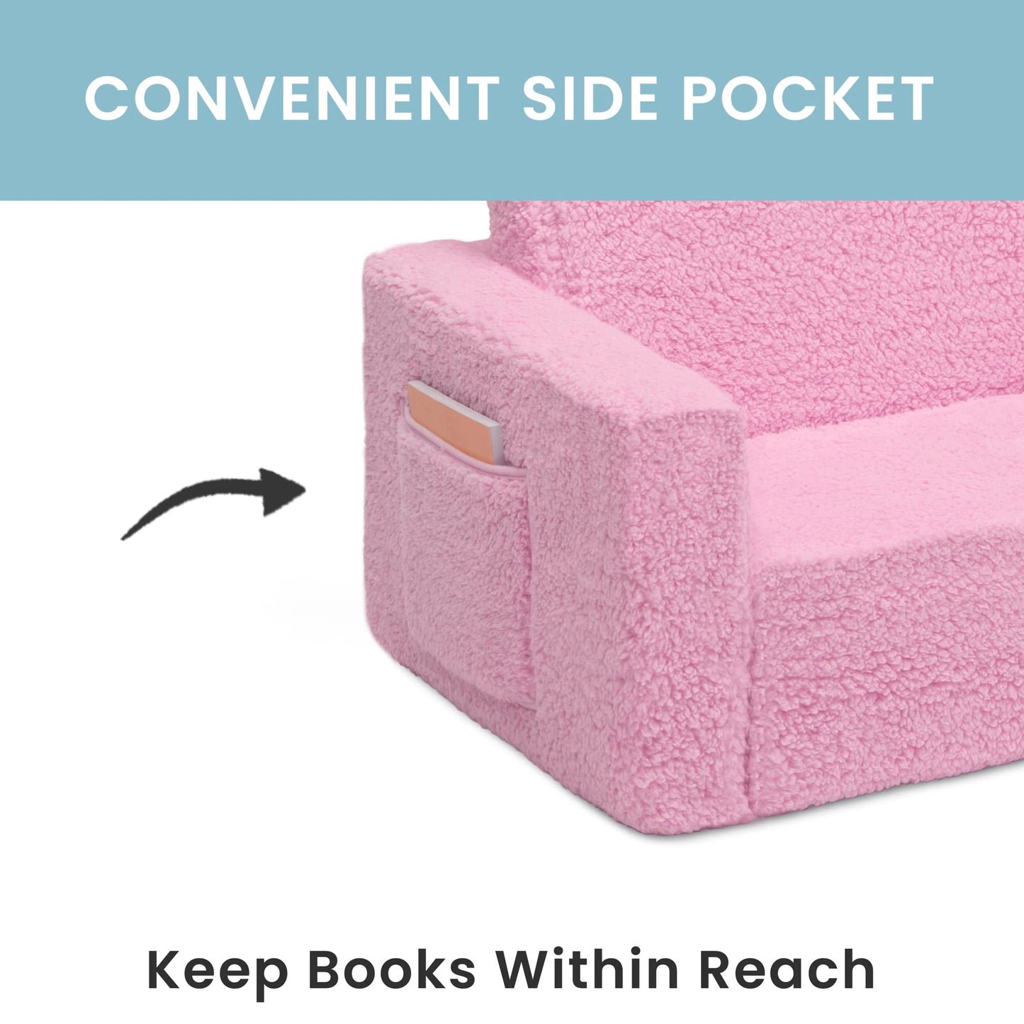 Delta Children Cozee Flip-Out Sherpa 2-in-1 Convertible Sofa to Lounger for Kids, Pink