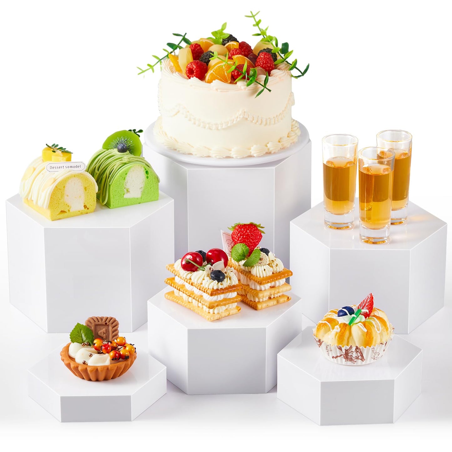 Leinuosen 6 Pcs Buffet Risers, Hexagonal Food Risers for Buffet Table Acrylic Cube Display Stand Shelf Nesting Boxes with Hollow Bottom for Party Catering Dessert Jewelry Collectibles(White)
