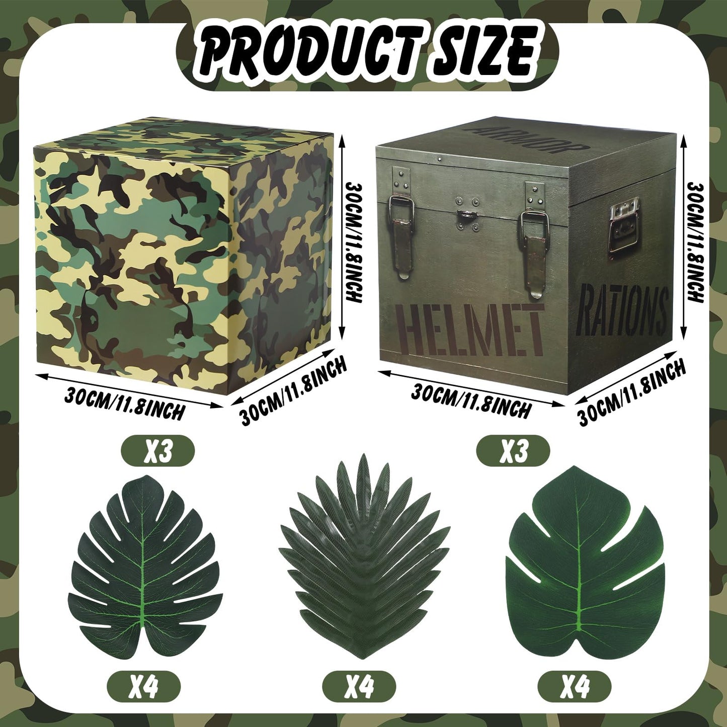 JellyArch 19 Pcs Camo Boxes Decor Army Party Decorations Including Camo Boxes Camo Netting and Palm Leaves for Hunting Military Army Military Enthusiasts Jungle Camo Party Birthday Party Supplies