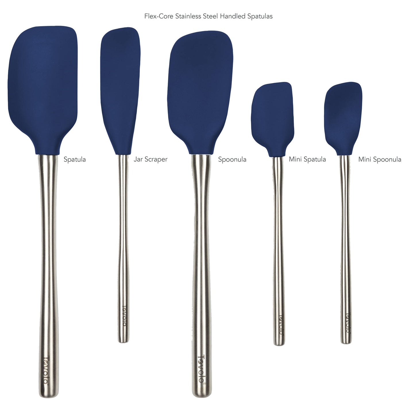 Tovolo Stainless Steel Handled Silicone Spatula Set of 5 Deep Indigo, Dishwasher Safe Kitchen Spatula Set for Cooking Baking, Non Toxic BPA Free Silicone Spatula set with Metal Steel Handle