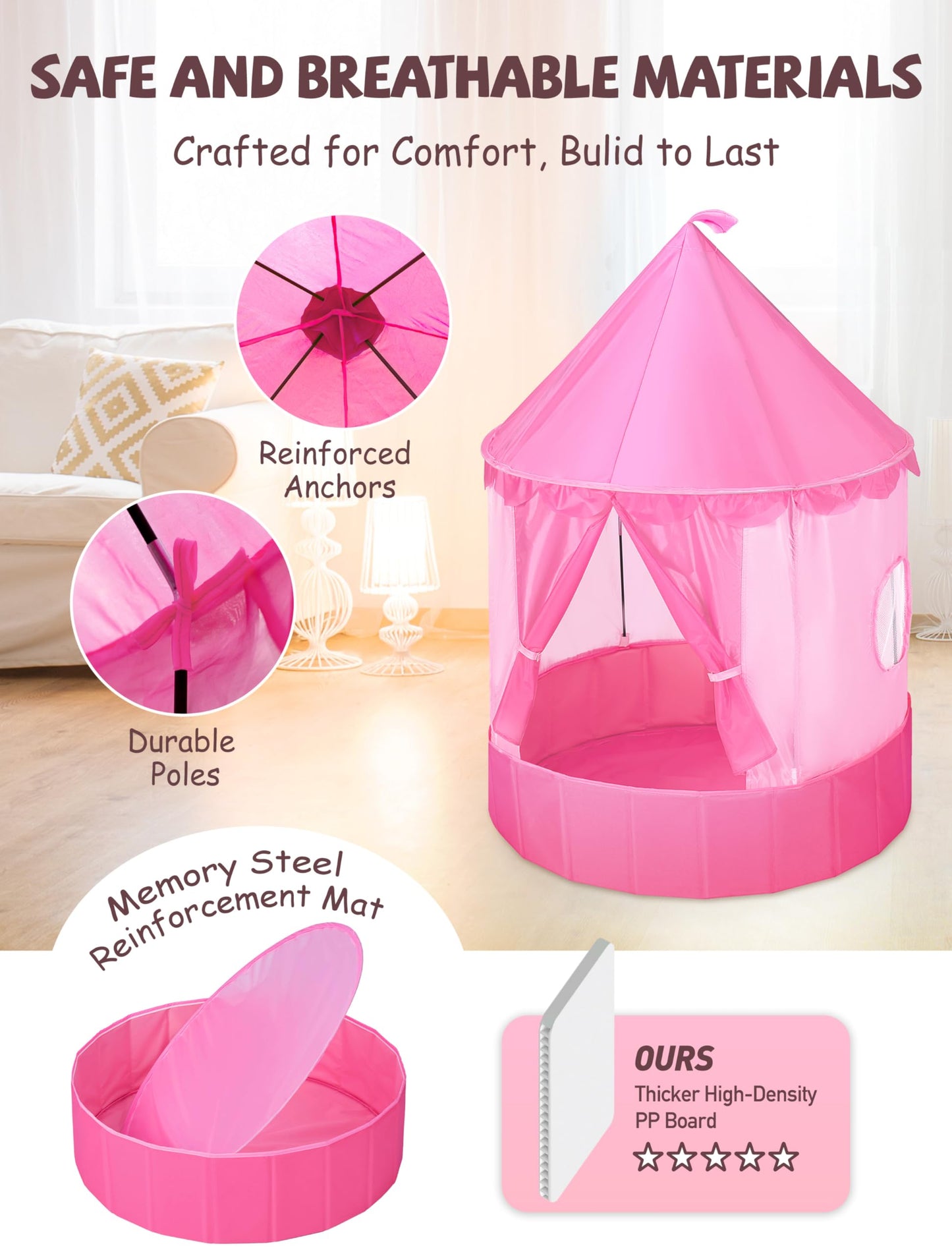 Hikiddy 3-in-1 Ball Pit & Play Tent for Toddlers: Large 40" Pink Kids Ball Pit and Princess Tent - Princess Castle Playhouse Tent for Girls Kids Babies - Foldable Portable Toys for Indoor & Outdoor