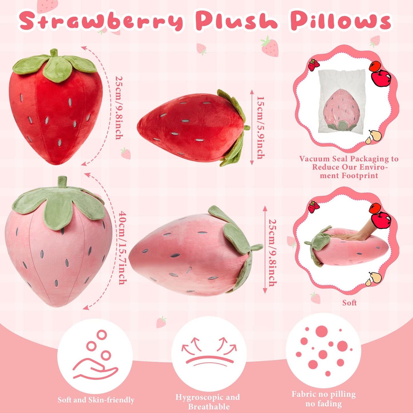 Juexica 2 Pcs Strawberry Pillow 15.7 Inch 9.8 Inch, Fruit Plush Pillow, Soft Kawaii Strawberry Bedroom Decor, Birthday Gifts for Women, Aesthetic Cute Berry Decor(Red，Pink)