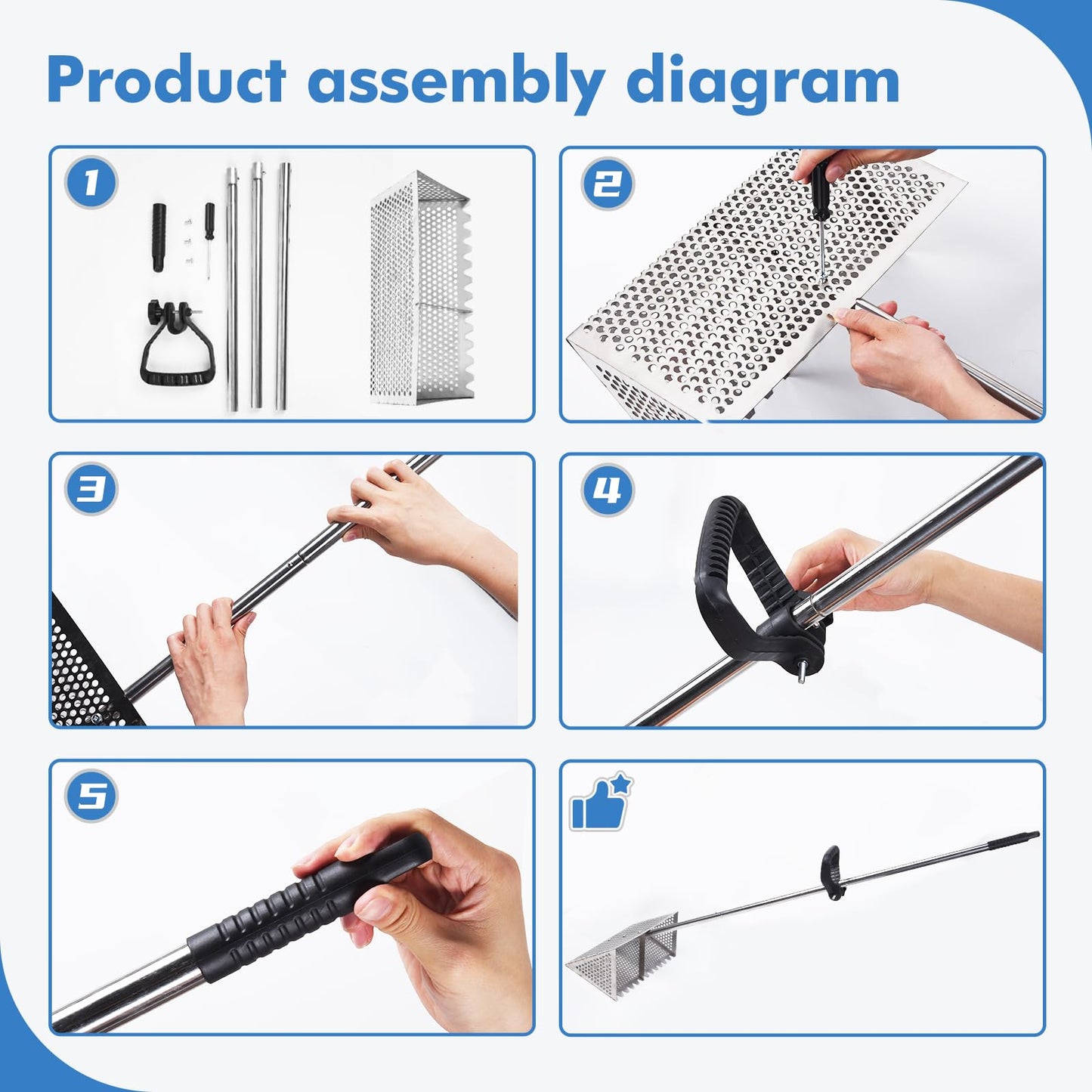 AshKiz Sand Flea Rake, Detachable Sand Flea Rake, The Shark Tooth Screen Comes with A 16-Inch-Wide Drain Screen with A 51-Inch Handle(Water Bucket not Included)