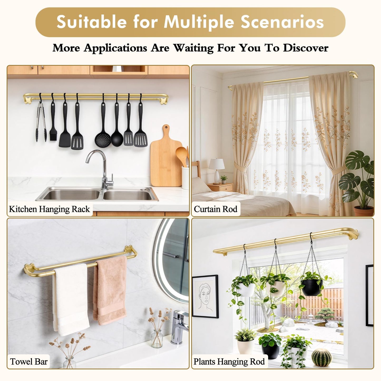 USFOOK 2 Pack Gold Blackout Double Curtain Rods Set, Wrap Around Rods for Windows 32 to 58 Inch, 6/8 Inch Room Darkening Curtain Rod, Metal