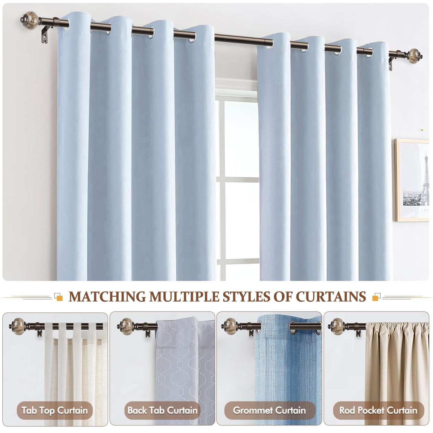 KAMANINA 2 Pack Curtain Rods 32 to 58 Inches (2.6-4.8ft), 1 Inch Single Curtain Rod for Windows, Decorative Drapery Rod with Marble End, Antique Bronze