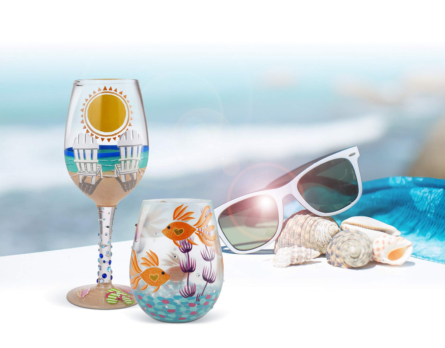 Enesco Designs by Lolita Sun on the Beach Artisan Hand-Painted Wine Glass, 15 Ounce, Multicolor