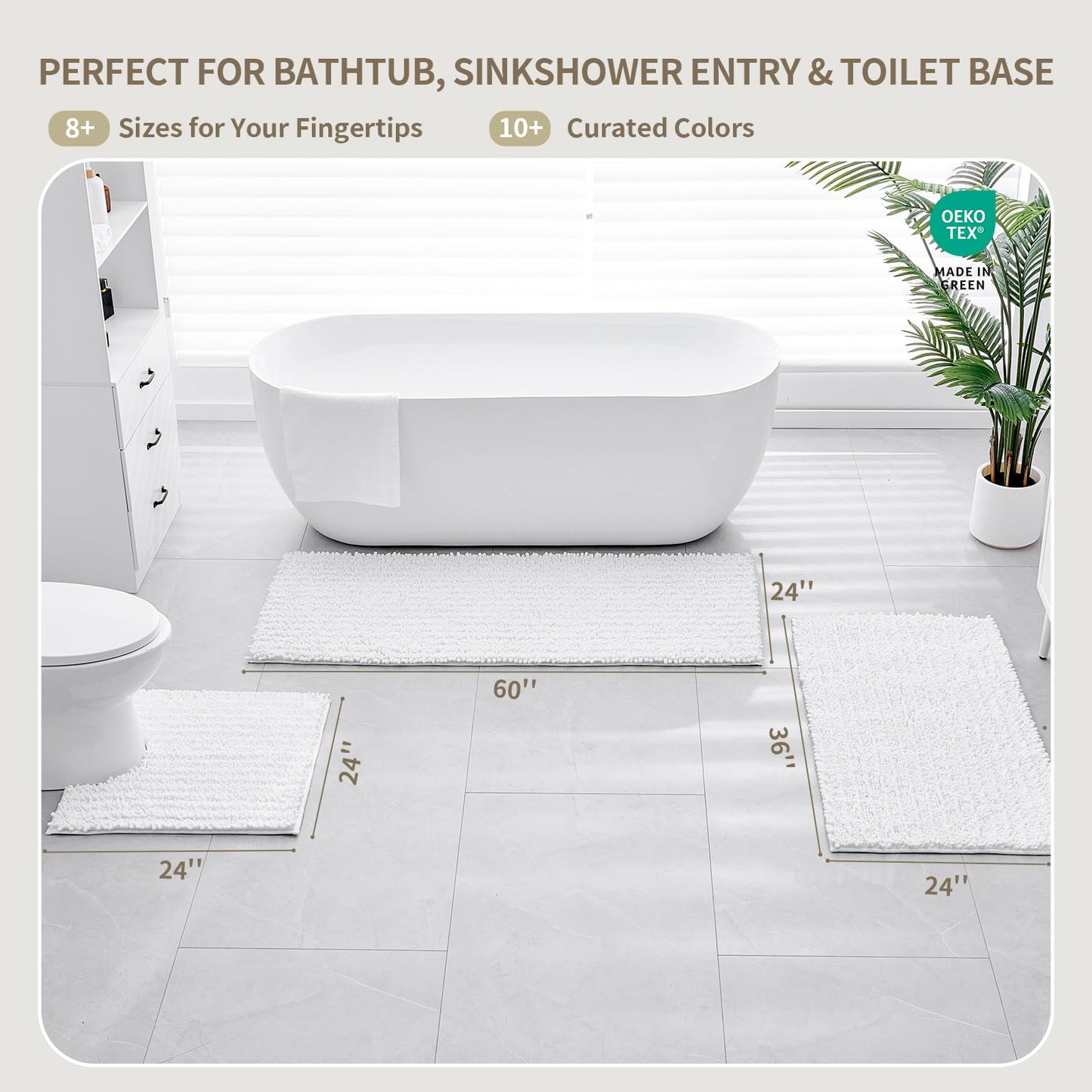 Ruggnovea Bathroom Rugs Non Slip Washable 60x24, Extra Thick Soft Chenille Absorbent Bath Mat, High Density Barrier Non Slip Backing, Quick Dry Plush Shaggy Floor Carpet for Tub&Shower, White