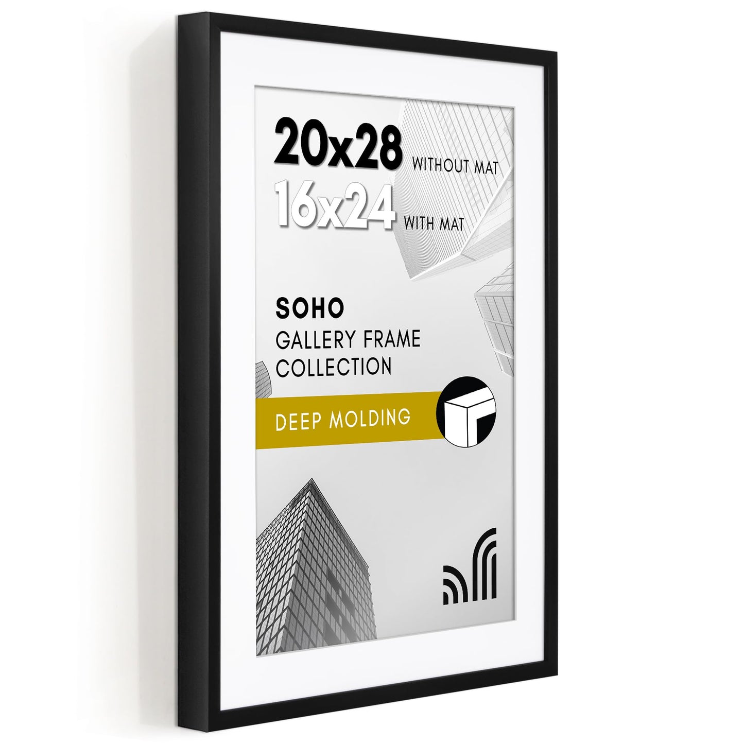 Americanflat 20x28 Picture Frame with Polished Plexiglass - Use as 16x24 Frame with Mat or Display 20x28 Photo Without Mat - Soho Collection - Deep Molding Picture Frames for Wall Display - Black