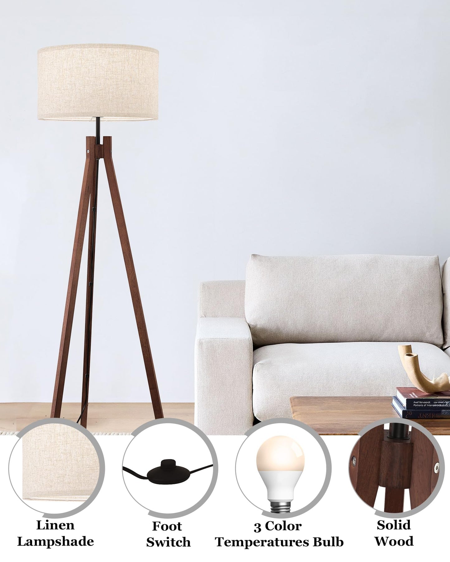 ELYONA Wood Tripod Floor Lamp, Mid Century Reading Standing Lamp with 3 Color Temperatures & Linen Shade, Modern Night Light for Bedroom, Farmhouse, Living Room, Office, 9W LED Bulb Included, Brown