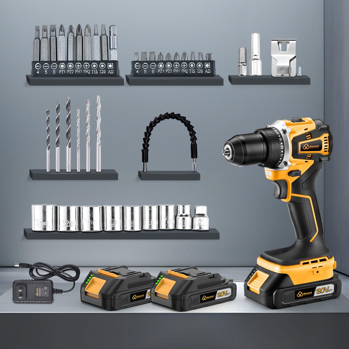 Aowei Cordless Drill Set/Driver, 20V Electric Power Drill With Battery And Charger, 40N Torque, 20+1 Settings, 2 Batteries,3/8-Inch Keyless Chuck, Driver Bits Kit, LED Light