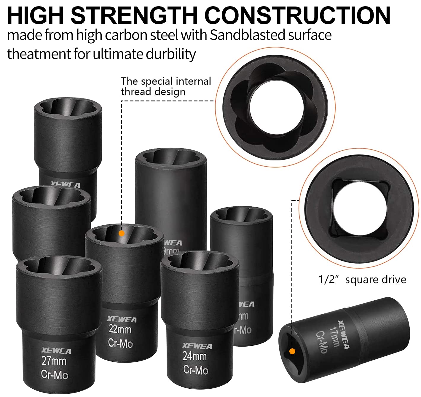 XEWEA 9PCS Lug Nut Extractor Set, 1/2" Drive Impact Bolt Remover Socket Tool, Wheel Lock Removal Kit, Easy Out Extractor Set for Damaged, Frozen, Rusted, Rounded-Off Bolts, Father's Day Gift
